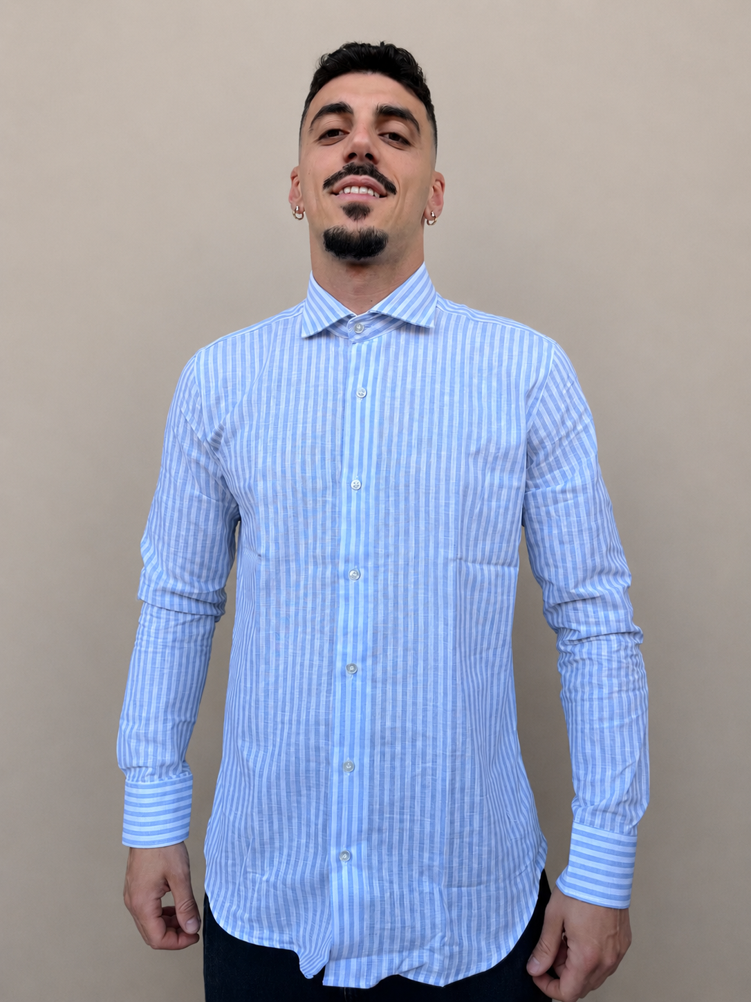 Camicia in lino rigata cielo