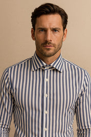 Camicia Uomo Rigata Maniche Lunghe Slim Fit Bianco-Blue Denim K58