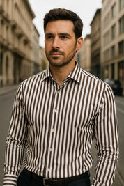 Camicia Uomo Rigata Maniche Lunghe Slim Fit Bianco-Moro K58