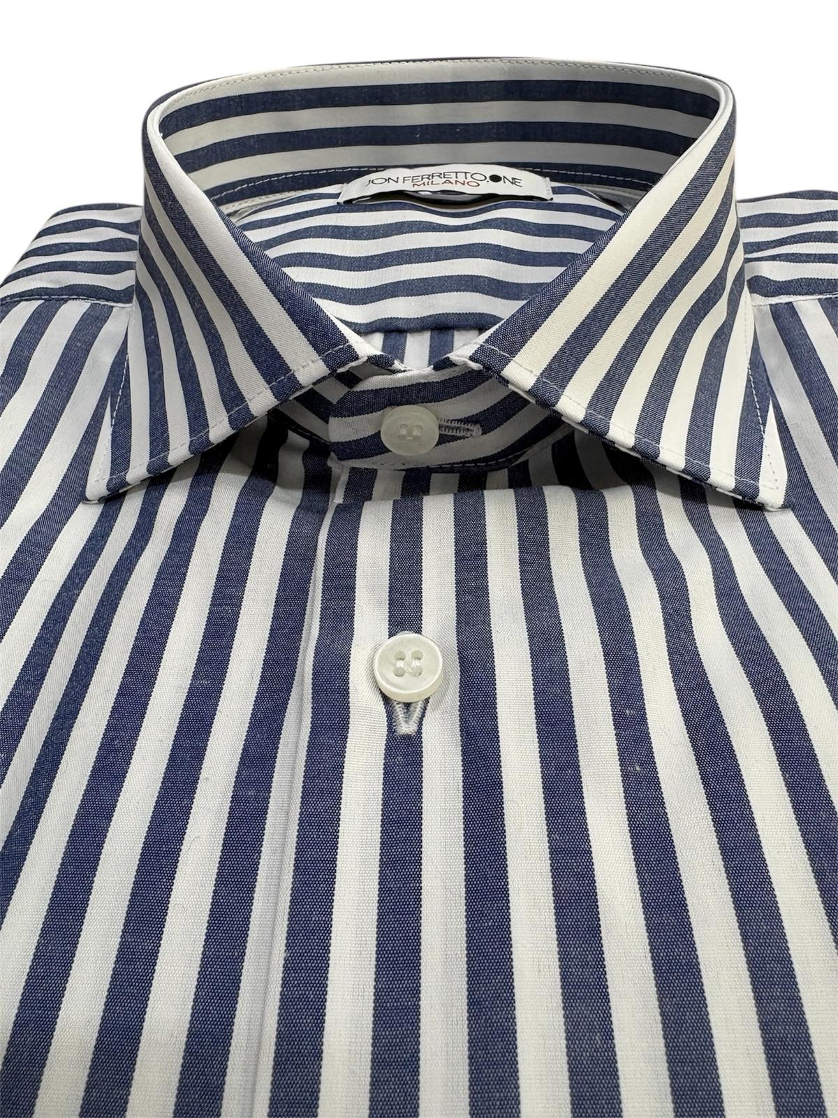 Camicia Uomo Rigata Maniche Lunghe Slim Fit Bianco-Blue Denim K58