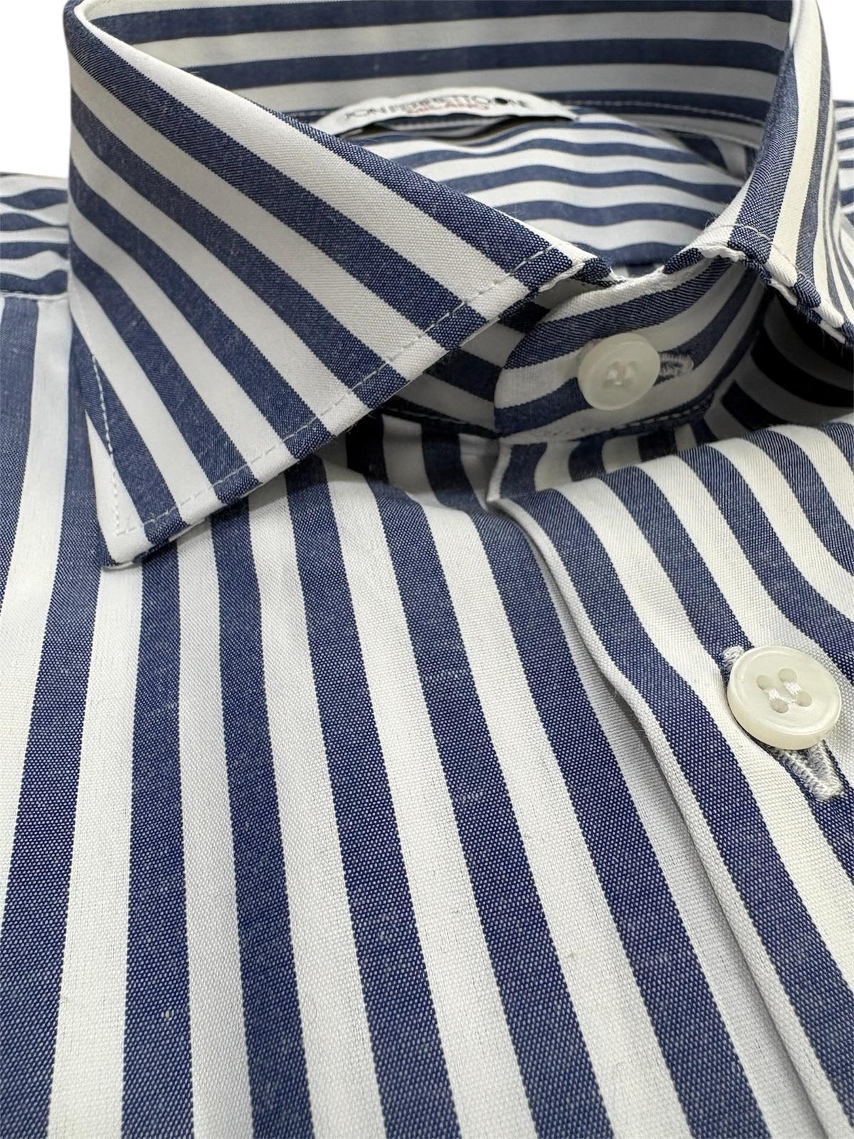 Camicia Uomo Rigata Maniche Lunghe Slim Fit Bianco-Blue Denim K58